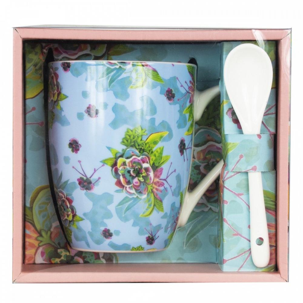 Taza cermica con cuchara enesco flores