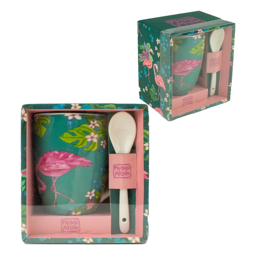Taza con Cuchara Enesco Flamenco | Diseño Tropical | Caja de Regalo